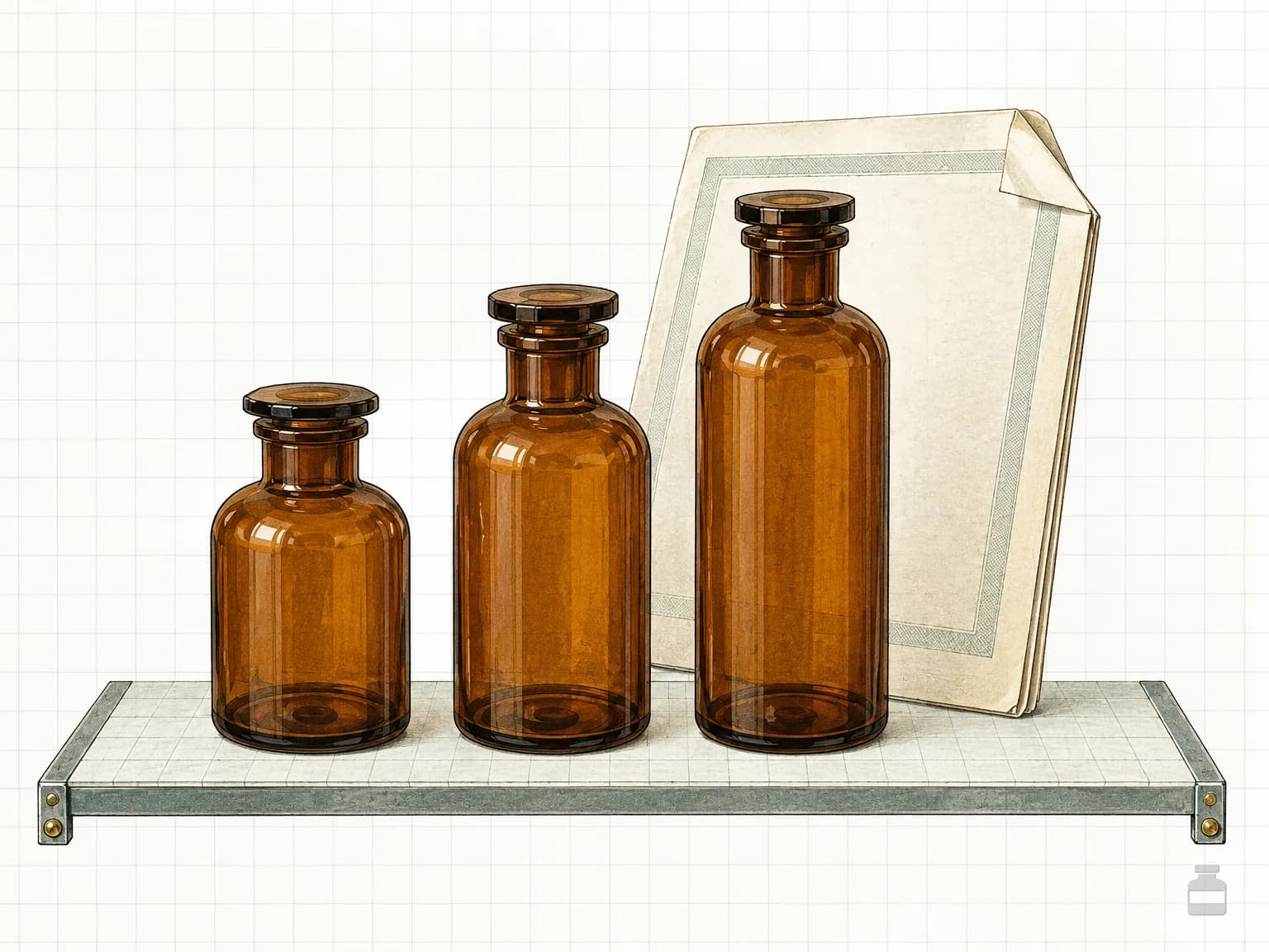 Chromolithograph of three amber bottles on a shelf with a document behind them