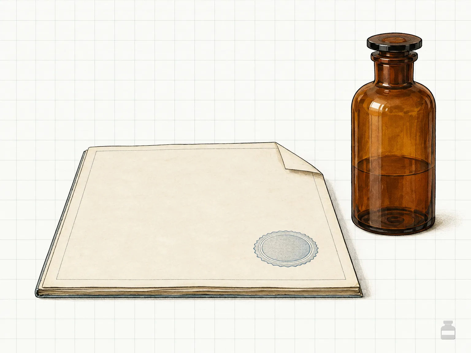 Chromolithograph of a controlled document with a folded corner and an amber bottle