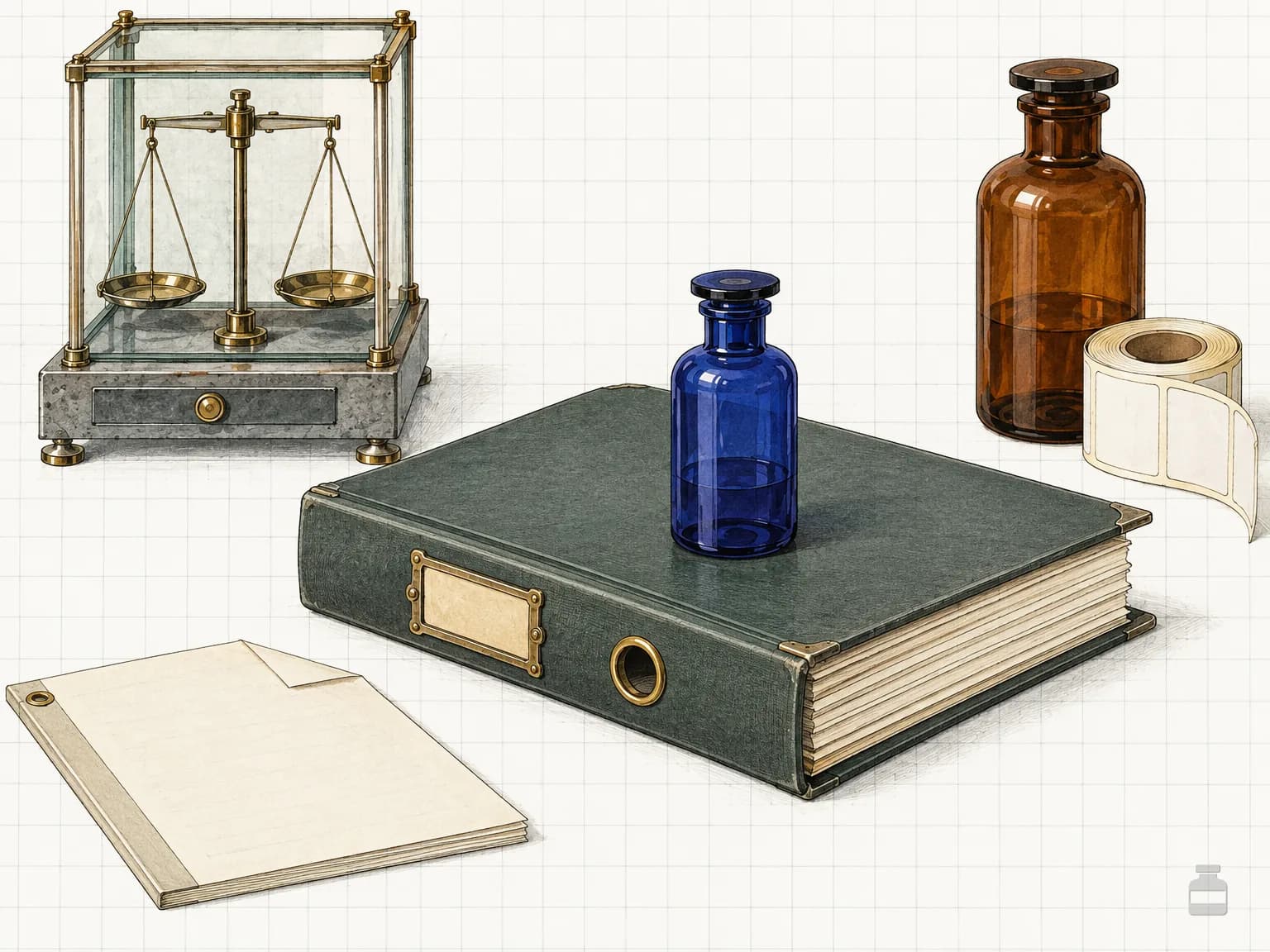 Chromolithograph of a closed validation binder with a cobalt bottle on top